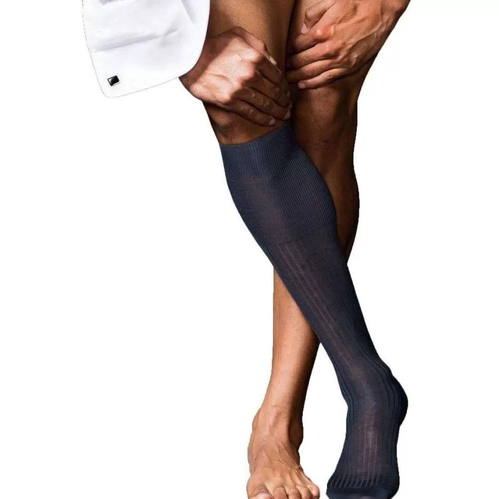 Falke Men's Socks^Navy No10 Pure Fil D'Ecosse Smooth Ribbed Knit Knee High Socks