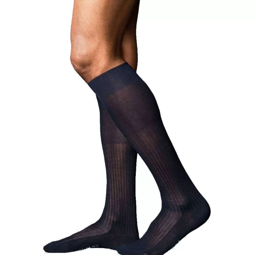 Falke Men's Socks^Navy No10 Pure Fil D'Ecosse Smooth Ribbed Knit Knee High Socks