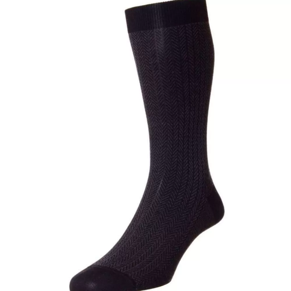 Pantherella Men's Socks^Black Fabian Herringbone Cotton Lisle Socks