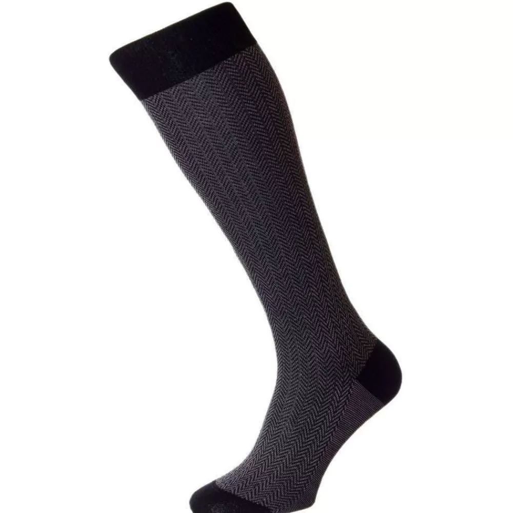 Pantherella Men's Socks^Black Fabian Herringbone Over The Calf Socks