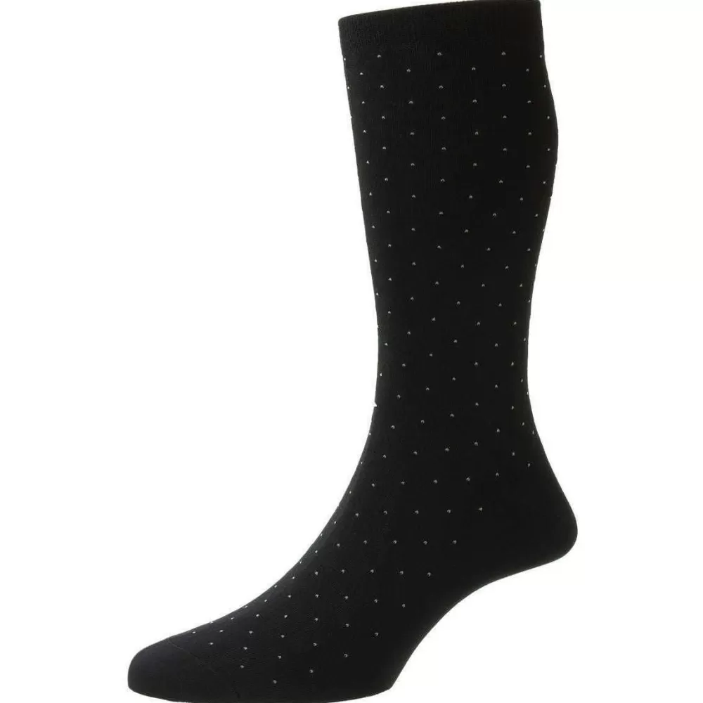 Pantherella Men's Socks^Black Gadsbury Cotton Fil D'Ecosse Pin Dot Socks