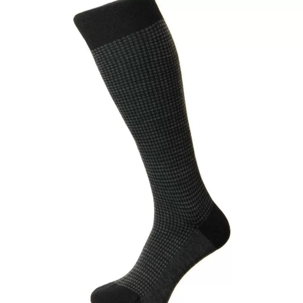 Pantherella Men's Socks^Black Highbury Merino Wool Houndstooth Over The Calfsocks