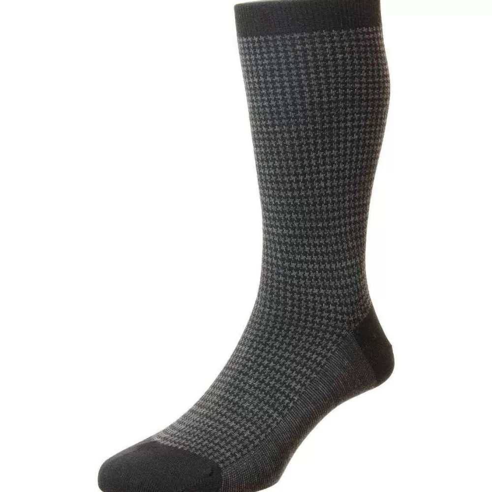 Pantherella Men's Socks^Black Highbury Merino Wool Houndstooth Socks