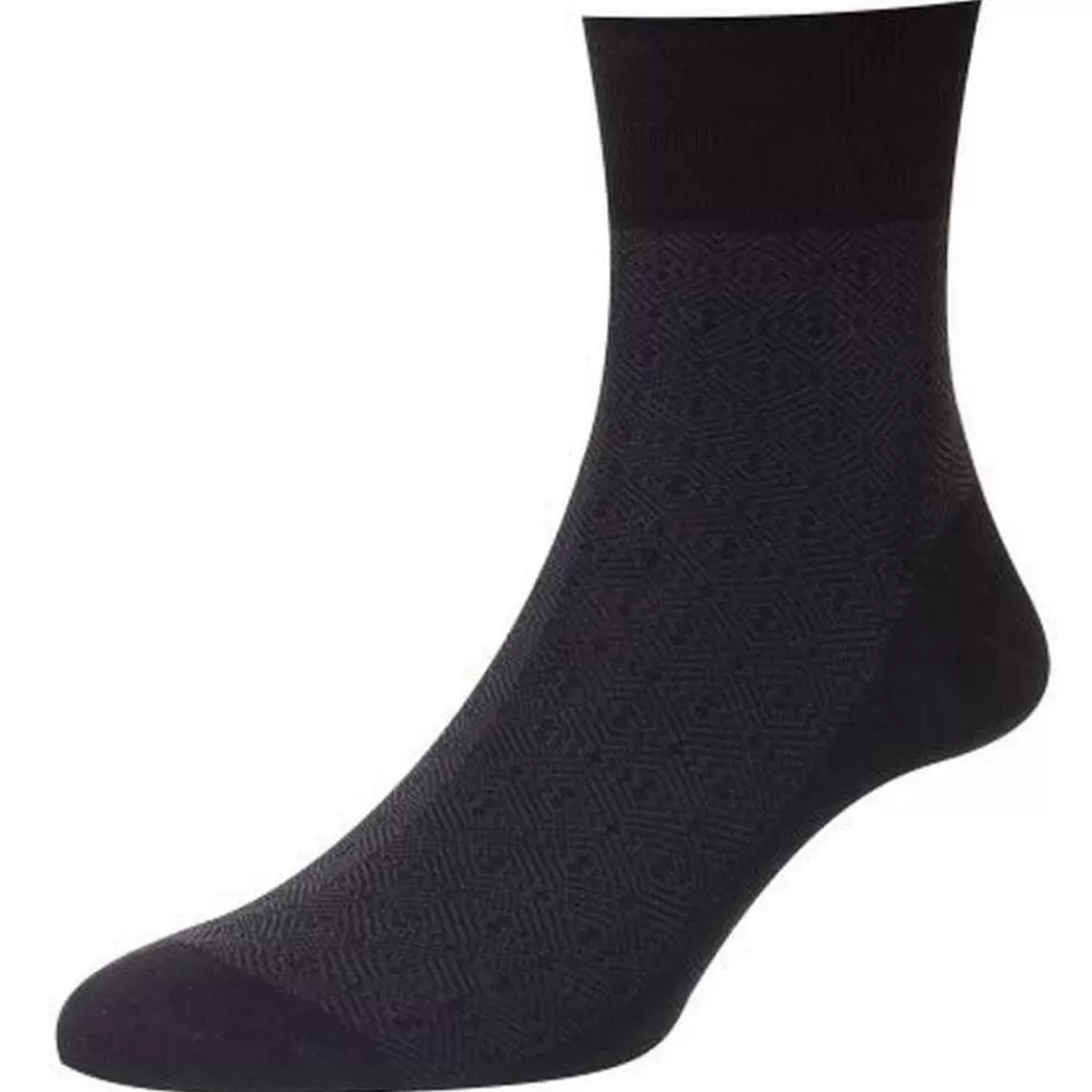 Pantherella Men's Socks^Black Hyde Tonal Pattern Egyptian Cotton Ankle Socks