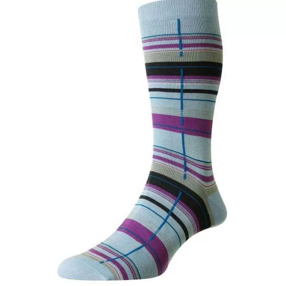 Pantherella Men's Socks^Blue Carway Multi Check Sea Island Cotton Socks