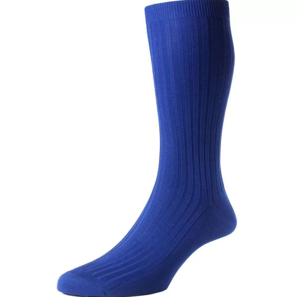 Pantherella Men's Socks^Blue Danvers Rib Cotton Lisle Socks