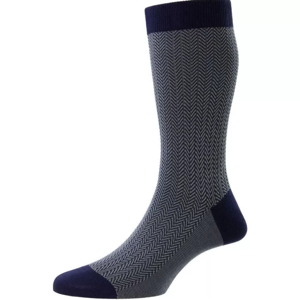 Pantherella Men's Socks^Blue Fabian Cotton Fil D'Ecosse Herringbone Socks