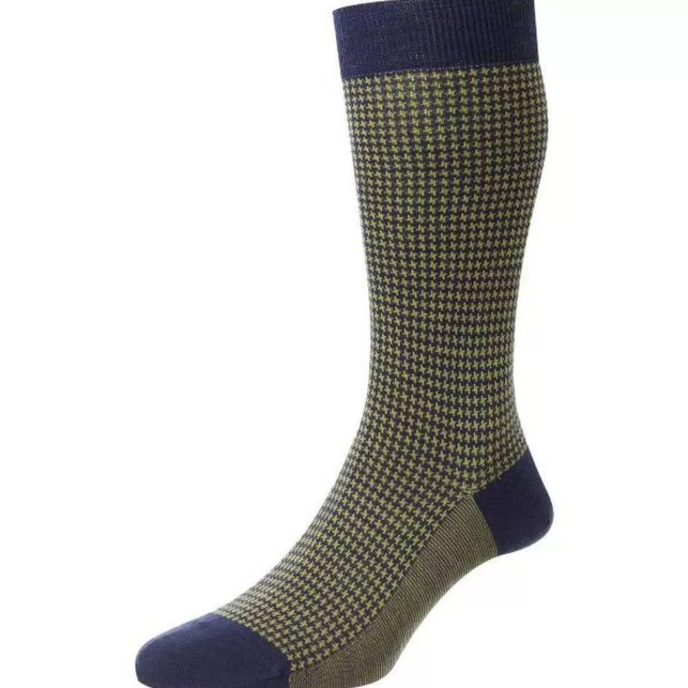 Pantherella Men's Socks^Blue Highbury Houndstooth Merino Royale Socks