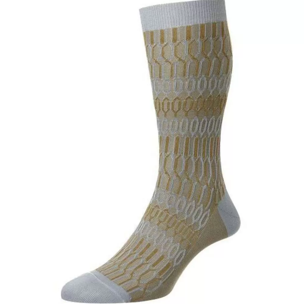 Pantherella Men's Socks^Blue Islington Texture Jacquard Cotton Fil D'Ecosse Socks