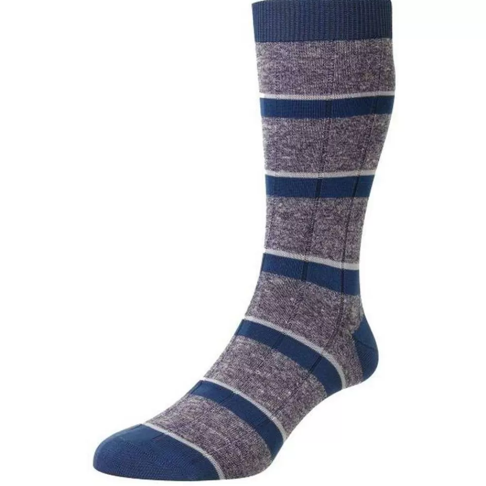 Pantherella Men's Socks^Blue Samarkand Rib Stripe Linen Blend Socks