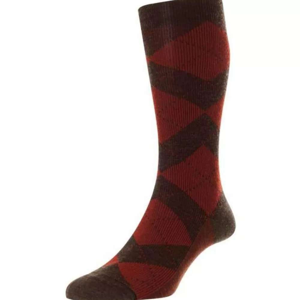 Pantherella Men's Socks^Brown Abdale Argyle Diamond Rib Merino Wool Socks
