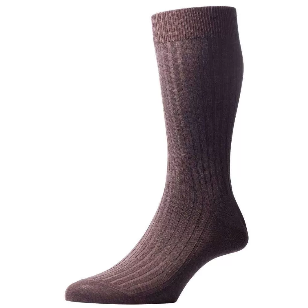 Pantherella Men's Socks^Brown Danvers Rib Cotton Lisle Socks