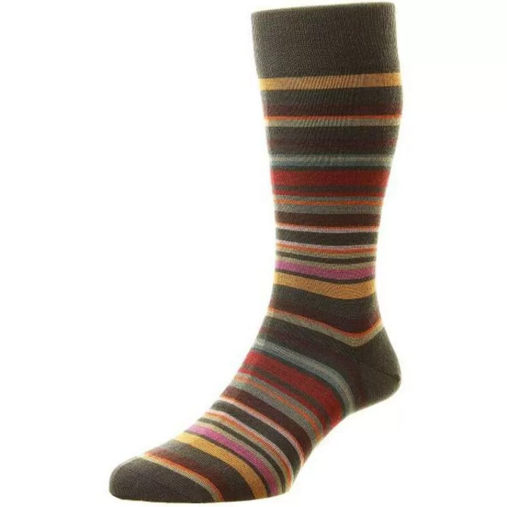 Pantherella Men's Socks^Brown Quakers All Over Multi Stripe Merino Wool Socks