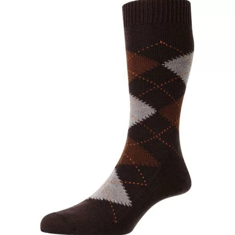 Pantherella Men's Socks^Brown Racton Argyle Merino Wool Socks