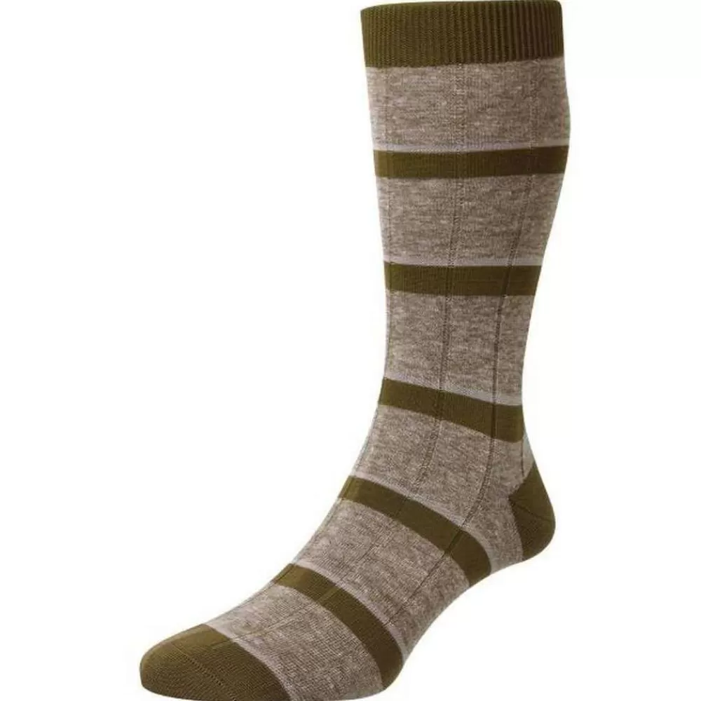 Pantherella Men's Socks^Brown Samarkand Rib Stripe Linen Blend Socks