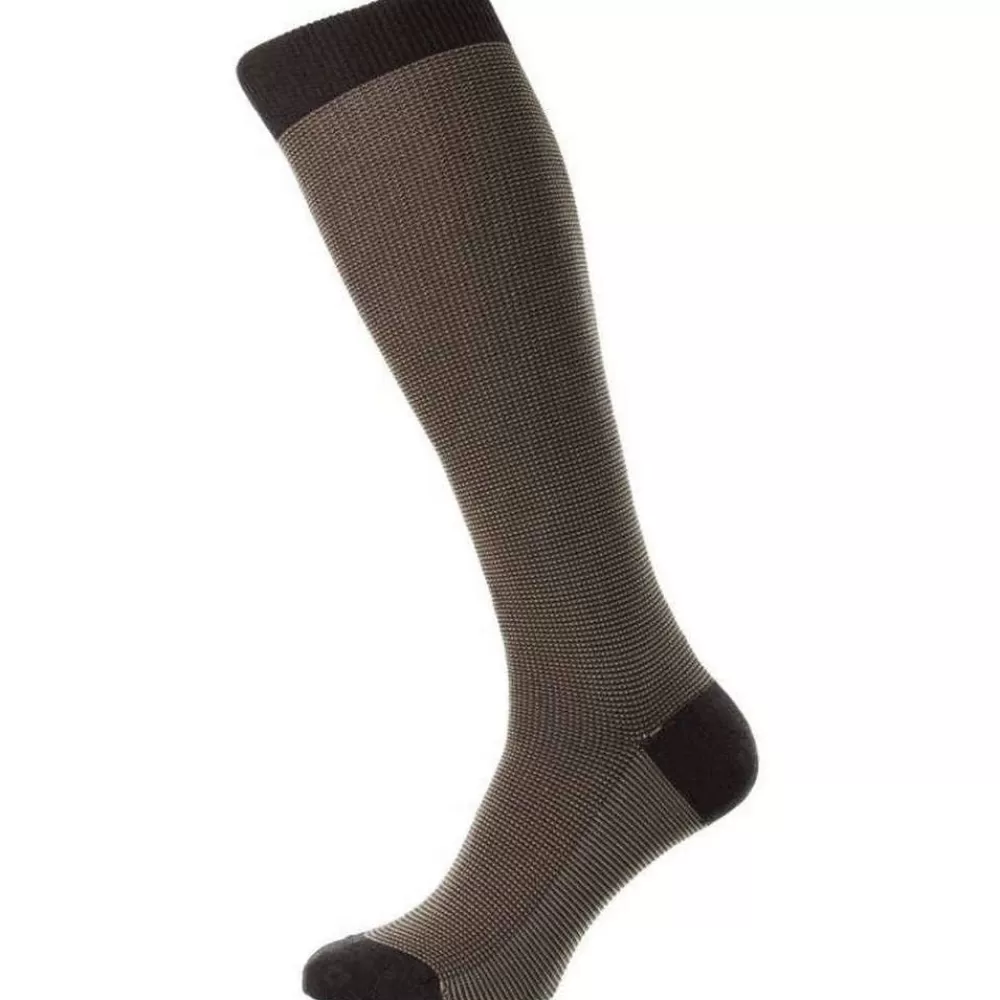 Pantherella Men's Socks^Brown Tewkesbury 3 Colour Birdseye Cotton Fil D'Ecosse Over The Calf Socks