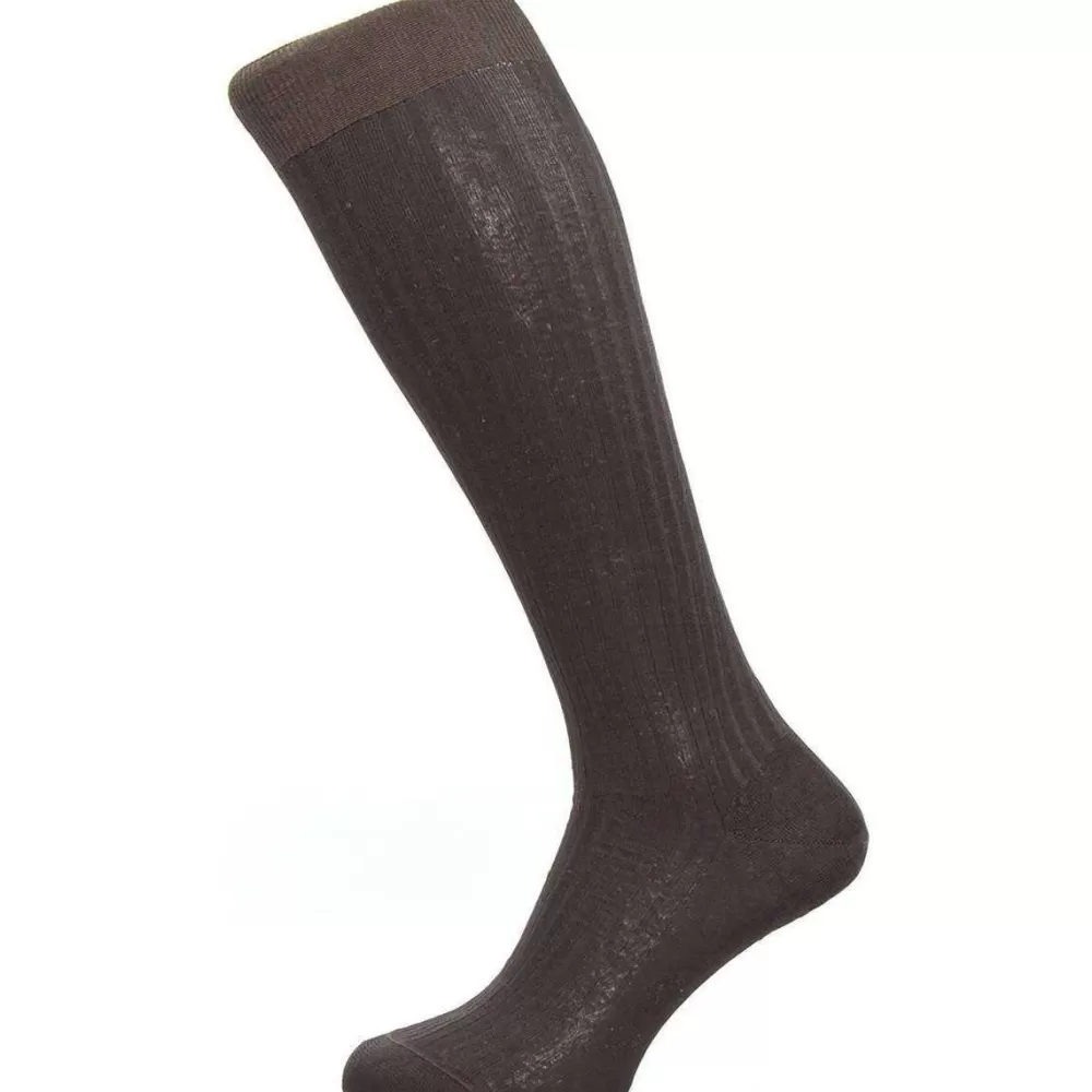 Pantherella Men's Socks^Brown Vale Rib Over The Calf Cotton Lisle Socks