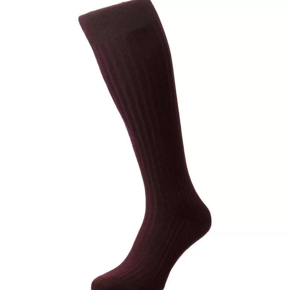 Pantherella Men's Socks^Burgundy Danvers Rib Cotton Lisle Over The Calf Socks