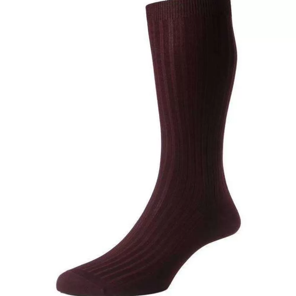 Pantherella Men's Socks^Burgundy Danvers Rib Cotton Lisle Socks
