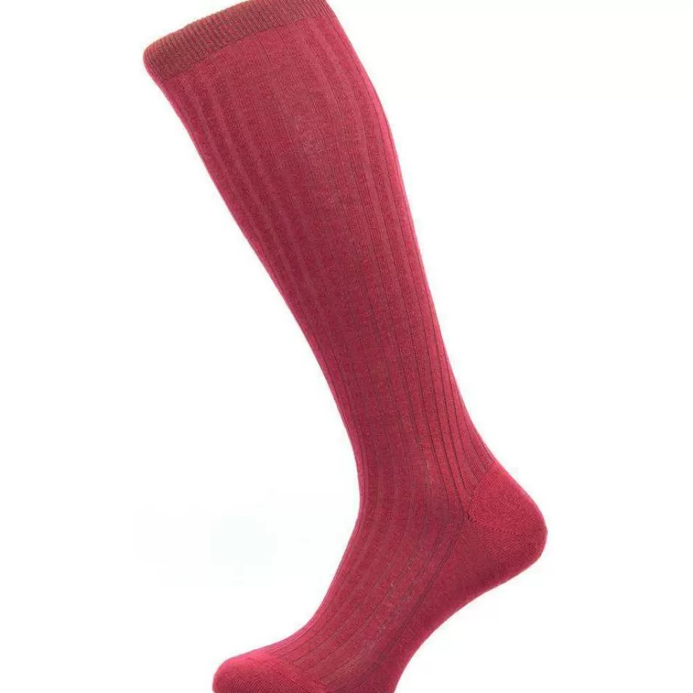Pantherella Men's Socks^Burgundy Laburnum Rib Over The Calf Merino Wool Socks