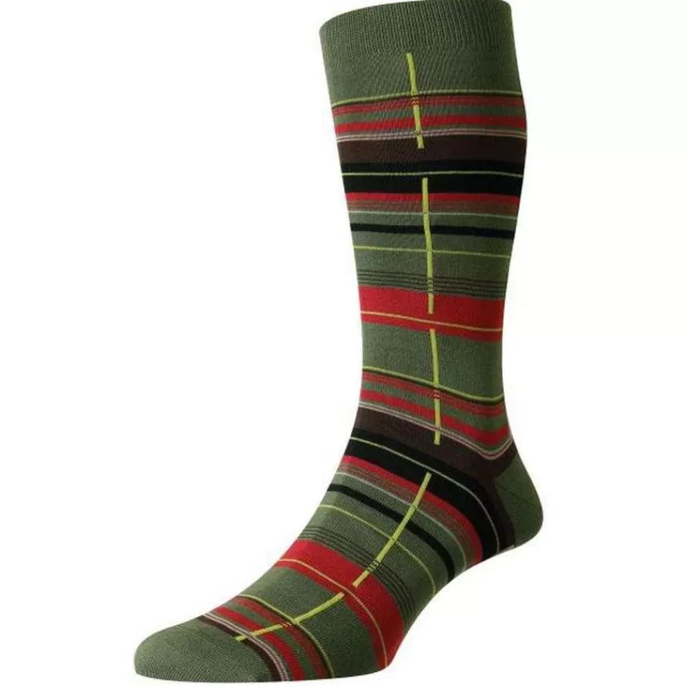 Pantherella Men's Socks^Green Carway Multi Check Sea Island Cotton Socks