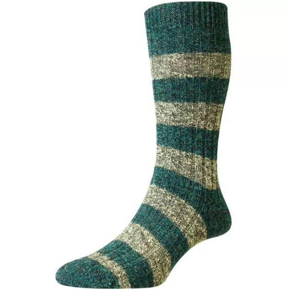 Pantherella Men's Socks^Green Rockley Block Stripe Rib Recycled Cotton Socks