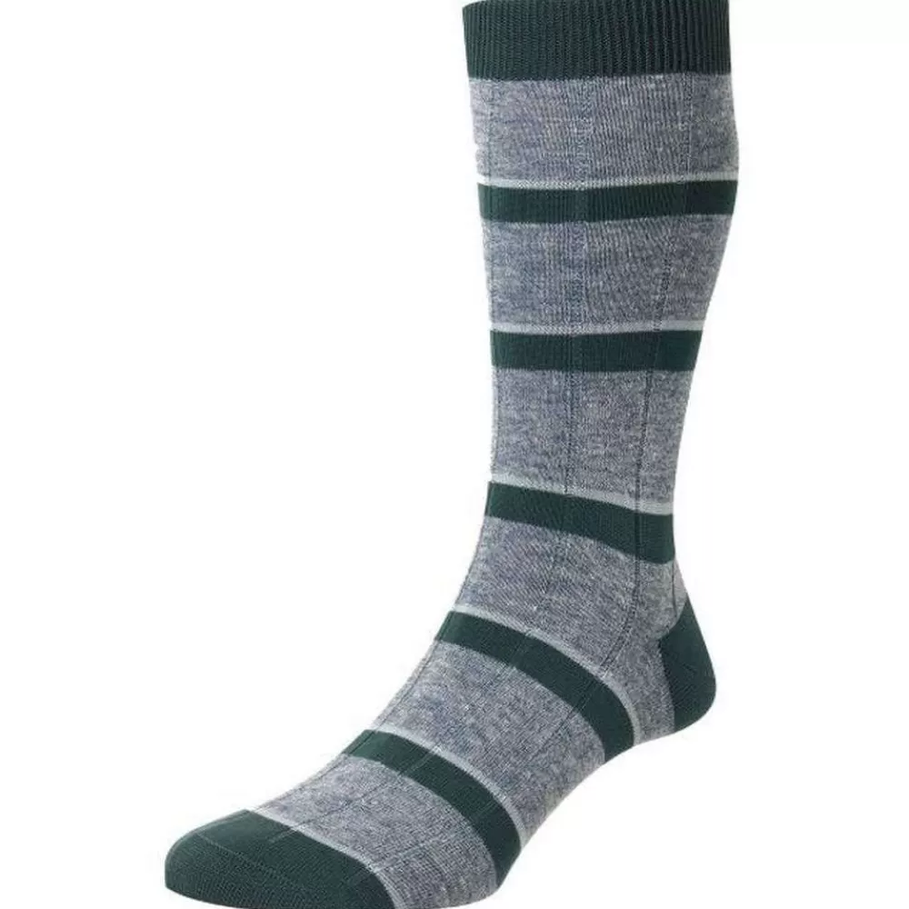 Pantherella Men's Socks^Green Samarkand Rib Stripe Linen Blend Socks