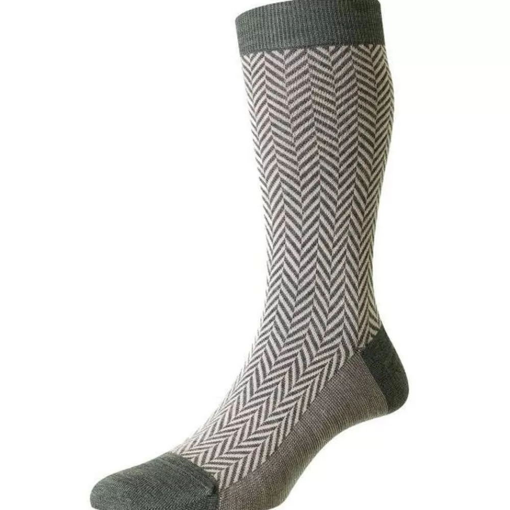 Pantherella Men's Socks^Grey Hendon Chunky Herringbone Merino Wool Socks