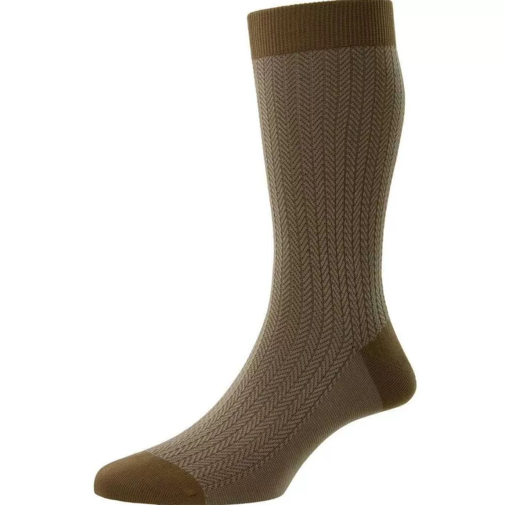 Pantherella Men's Socks^Khaki Fabian Cotton Fil D'Ecosse Herringbone Socks