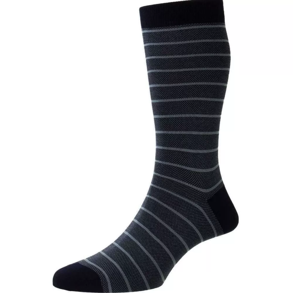 Pantherella Men's Socks^Navy Barrington Jacquard Birdseye Stripe Fil D'Ecosse Socks