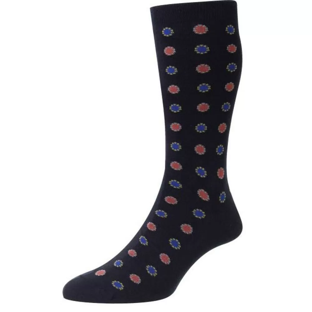 Pantherella Men's Socks^Navy Bryn Circle Motif Sea Island Cotton Socks