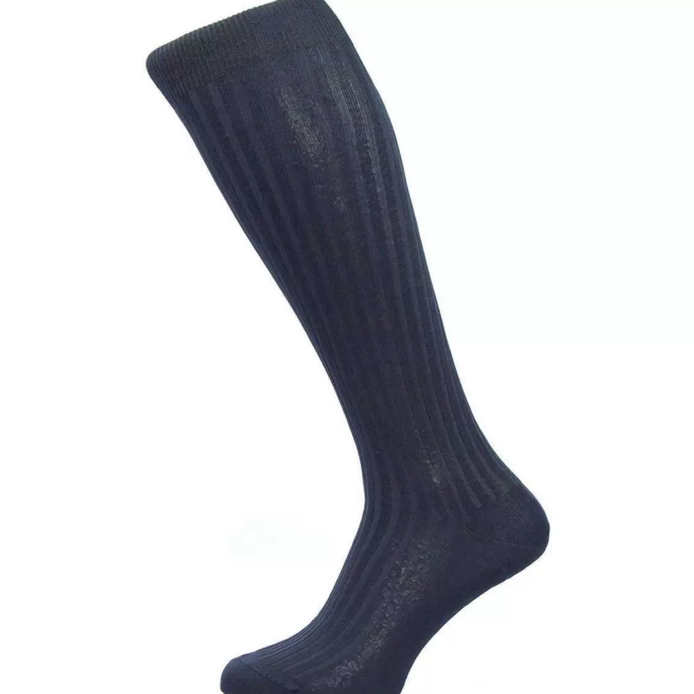 Pantherella Men's Socks^Navy Danvers Rib Over The Calf Cotton Lisle Socks