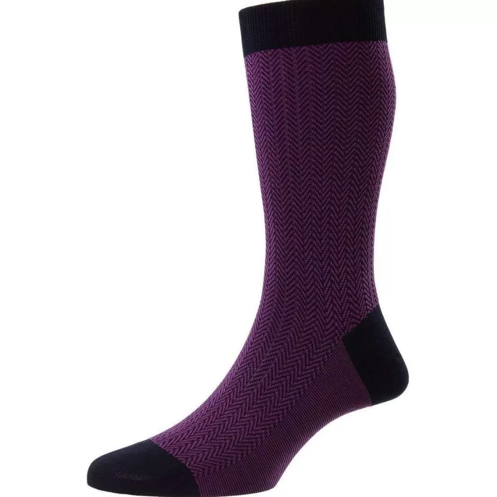 Pantherella Men's Socks^Navy Fabian Cotton Fil D'Ecosse Herringbone Socks