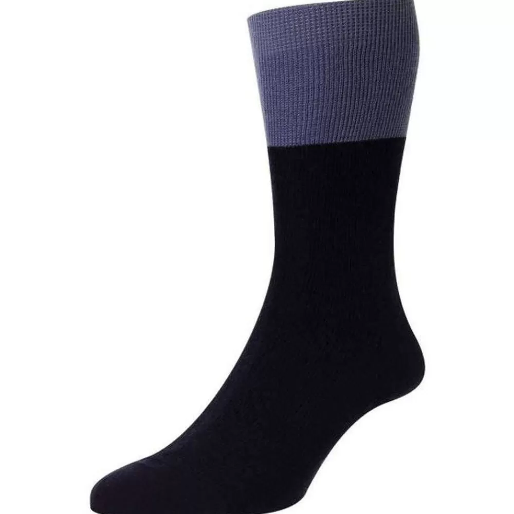 Pantherella Men's Socks^Navy Grindon Semi Plain Merino Wool Socks