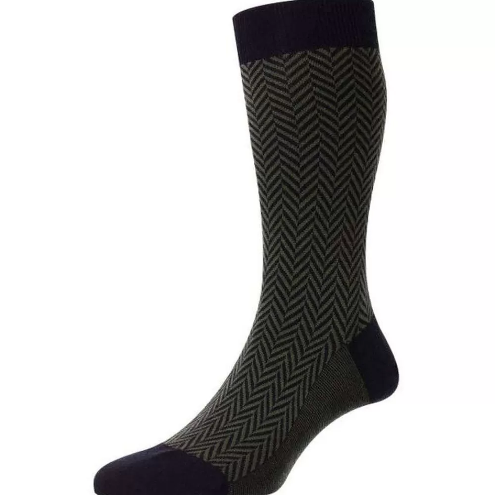 Pantherella Men's Socks^Navy Hendon Chunky Herringbone Merino Wool Socks