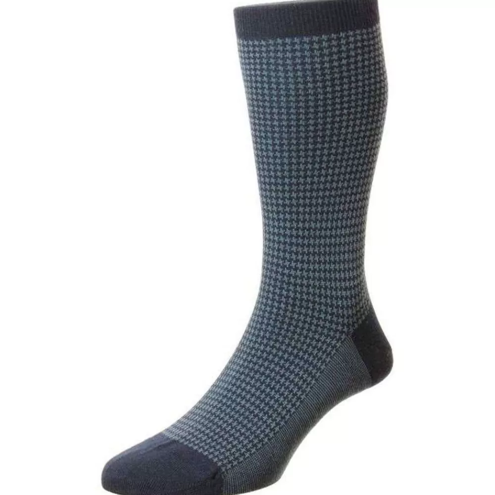 Pantherella Men's Socks^Navy Highbury Houndstooth Merino Royale Socks