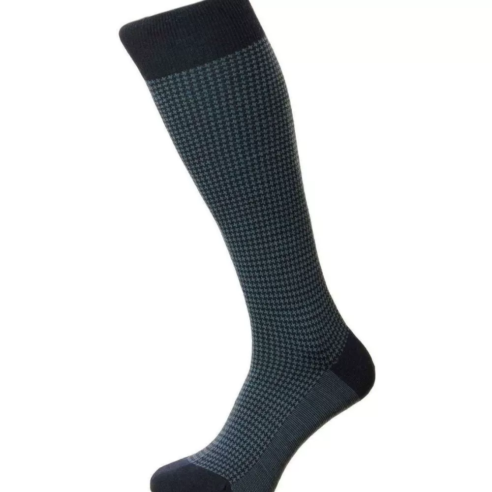 Pantherella Men's Socks^Navy Highbury Merino Wool Houndstooth Over The Calfsocks