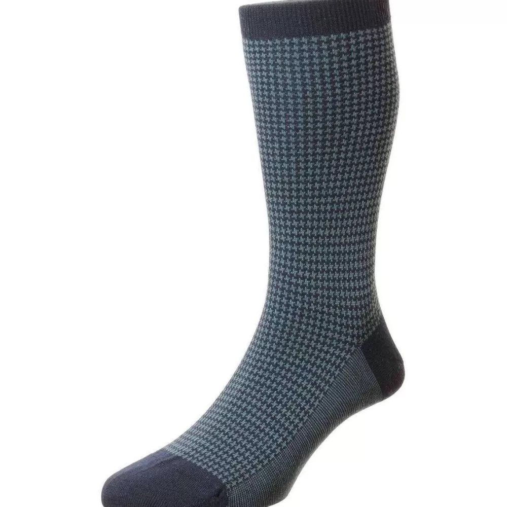 Pantherella Men's Socks^Navy Highbury Merino Wool Houndstooth Socks