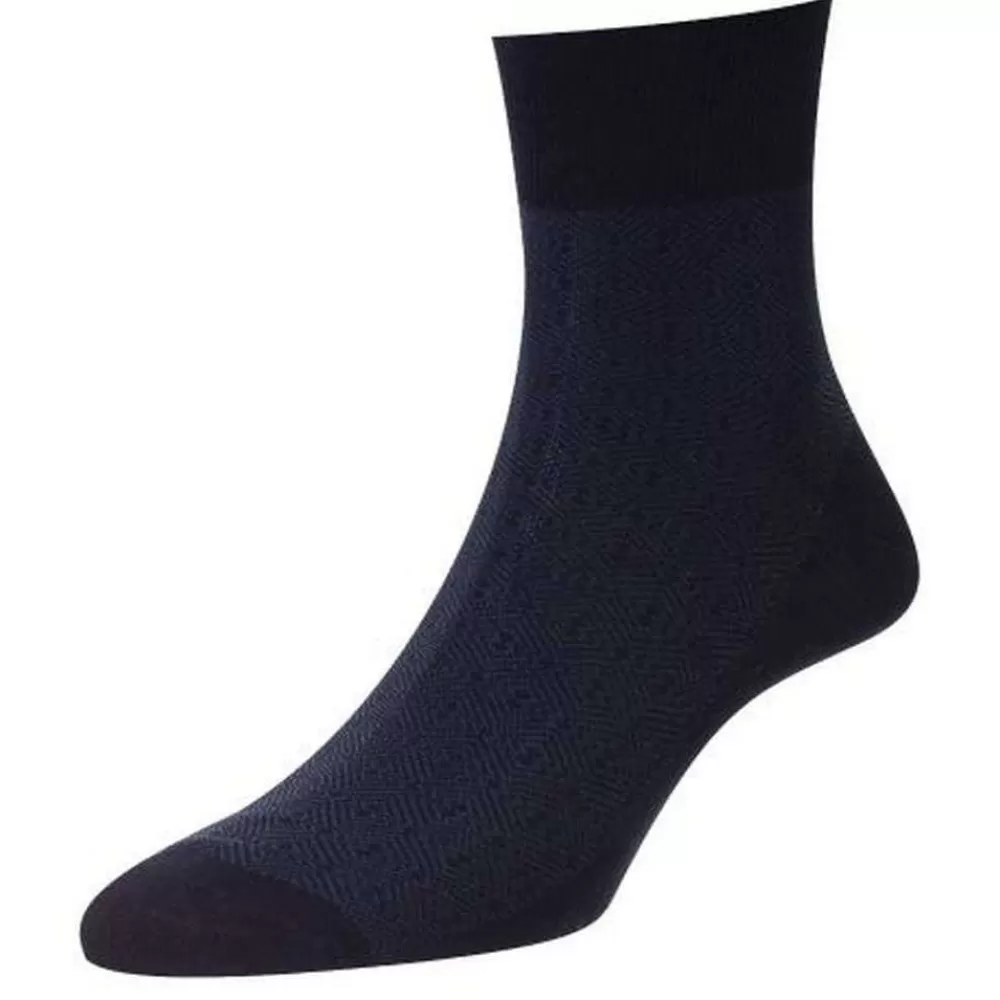 Pantherella Men's Socks^Navy Hyde Tonal Pattern Egyptian Cotton Ankle Socks
