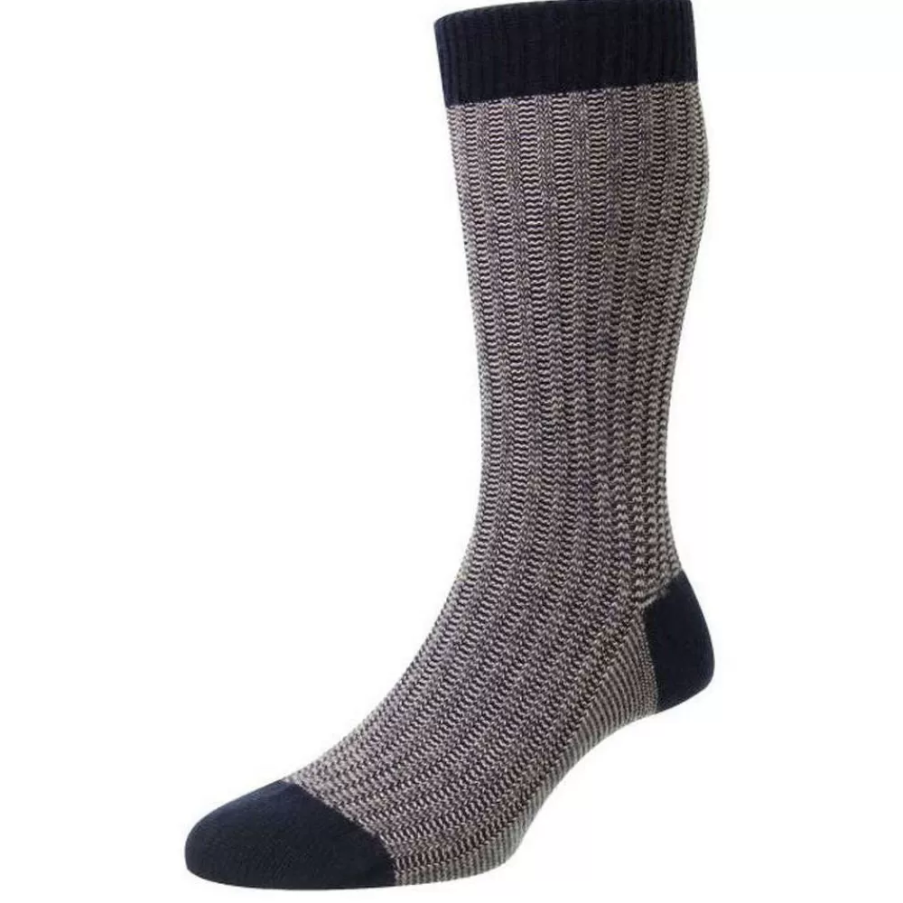 Pantherella Men's Socks^Navy Moreton Feeder Stripe Cashmere Socks