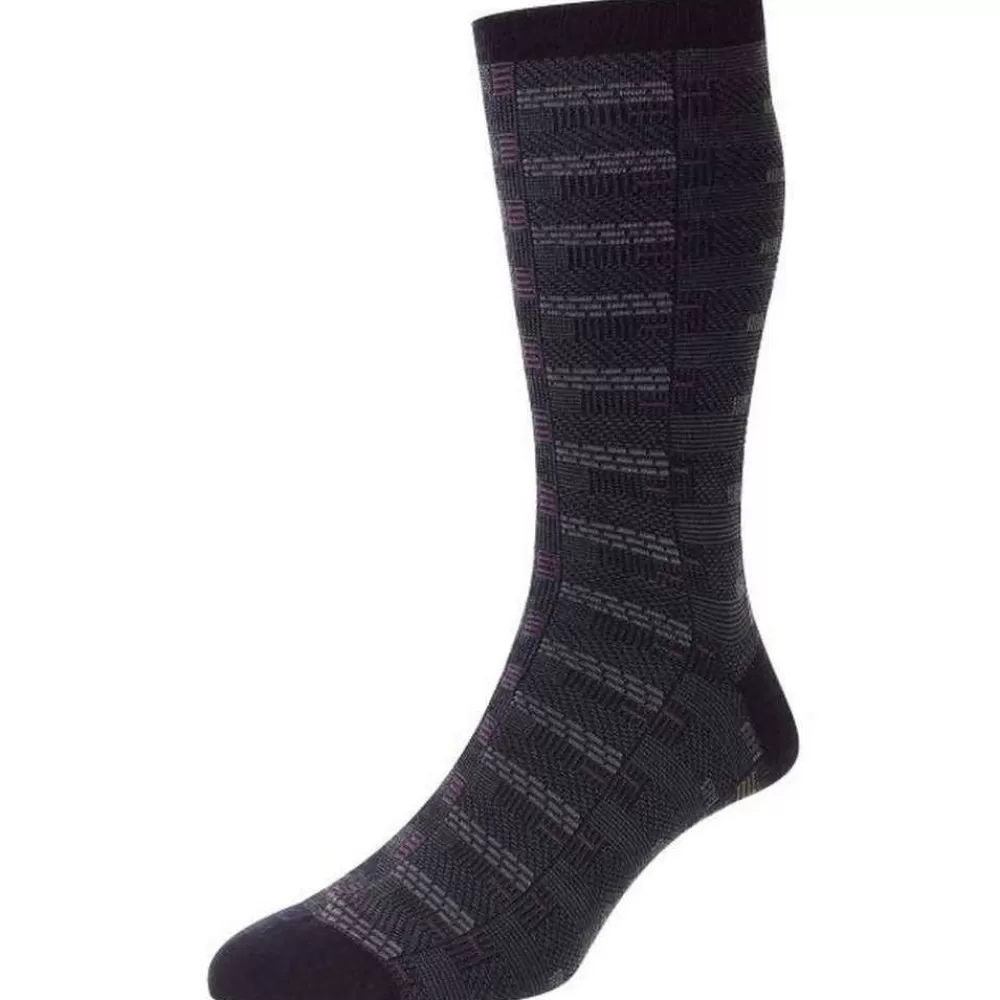 Pantherella Men's Socks^Navy Newham Retro Box Jacquard Merino Wool Socks