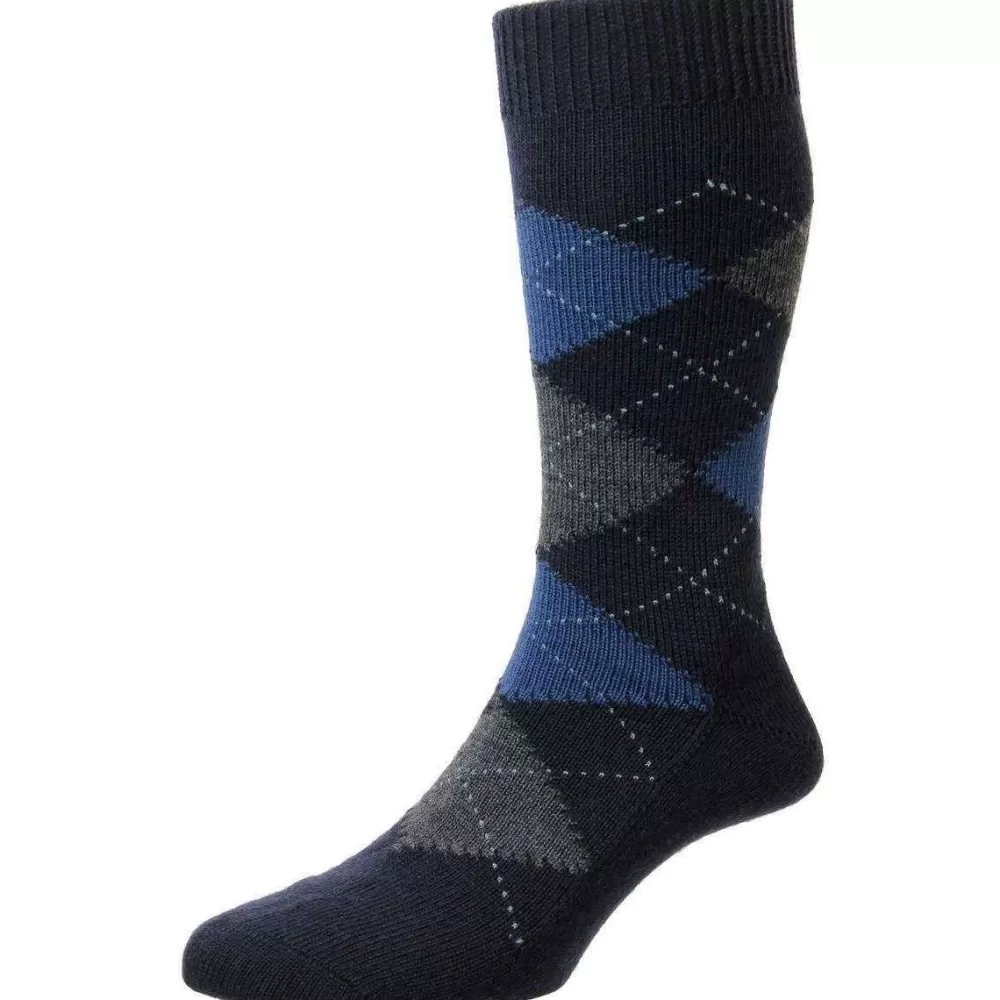 Pantherella Men's Socks^Navy Racton Argyle Merino Wool Socks