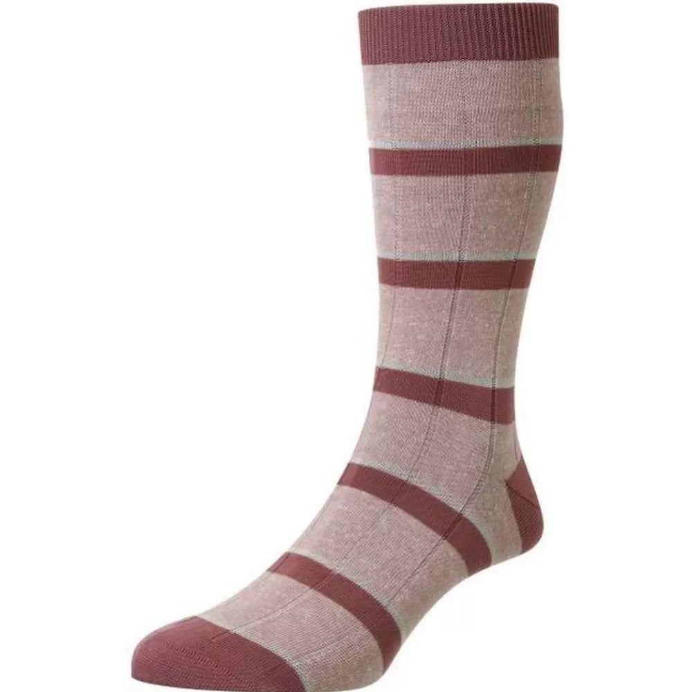 Pantherella Men's Socks^Pink Samarkand Rib Stripe Linen Blend Socks