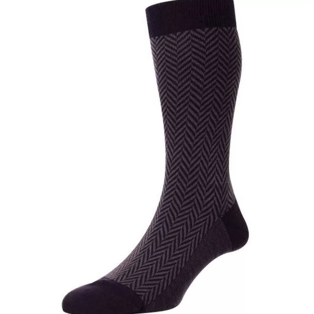 Pantherella Men's Socks^Purple Hendon Chunky Herringbone Merino Wool Socks