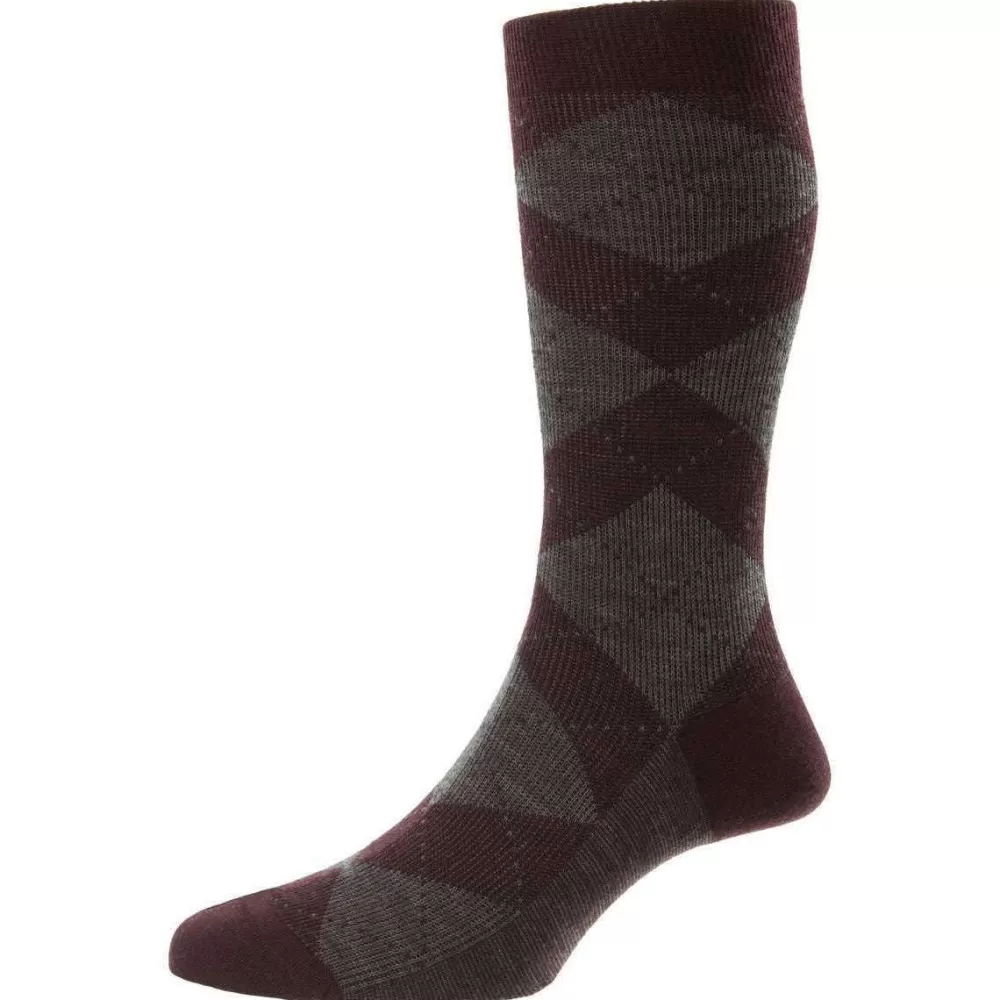 Pantherella Men's Socks^Red Abdale Merino Wool Argyle Socks