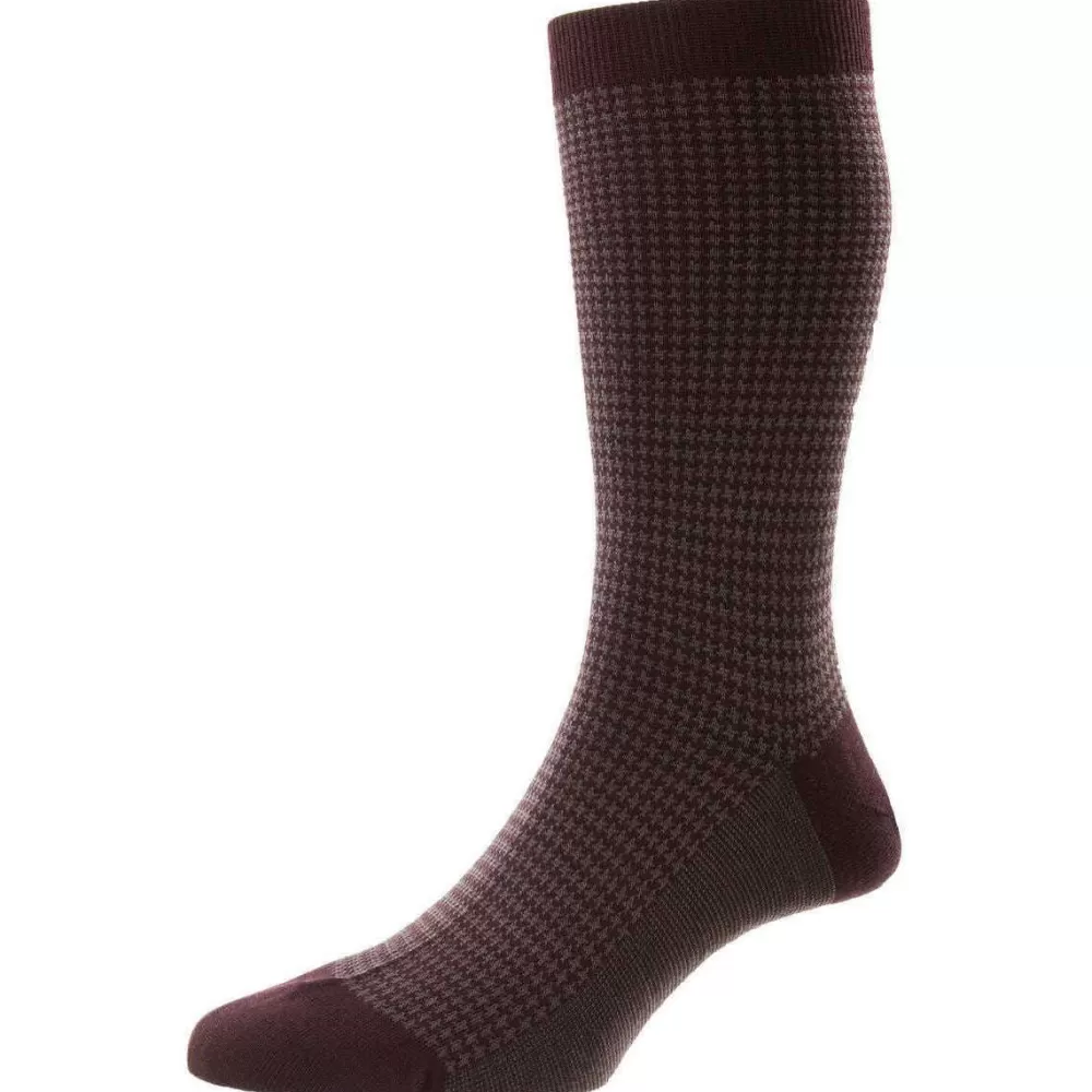 Pantherella Men's Socks^Red Highbury Houndstooth Merino Wool Socks